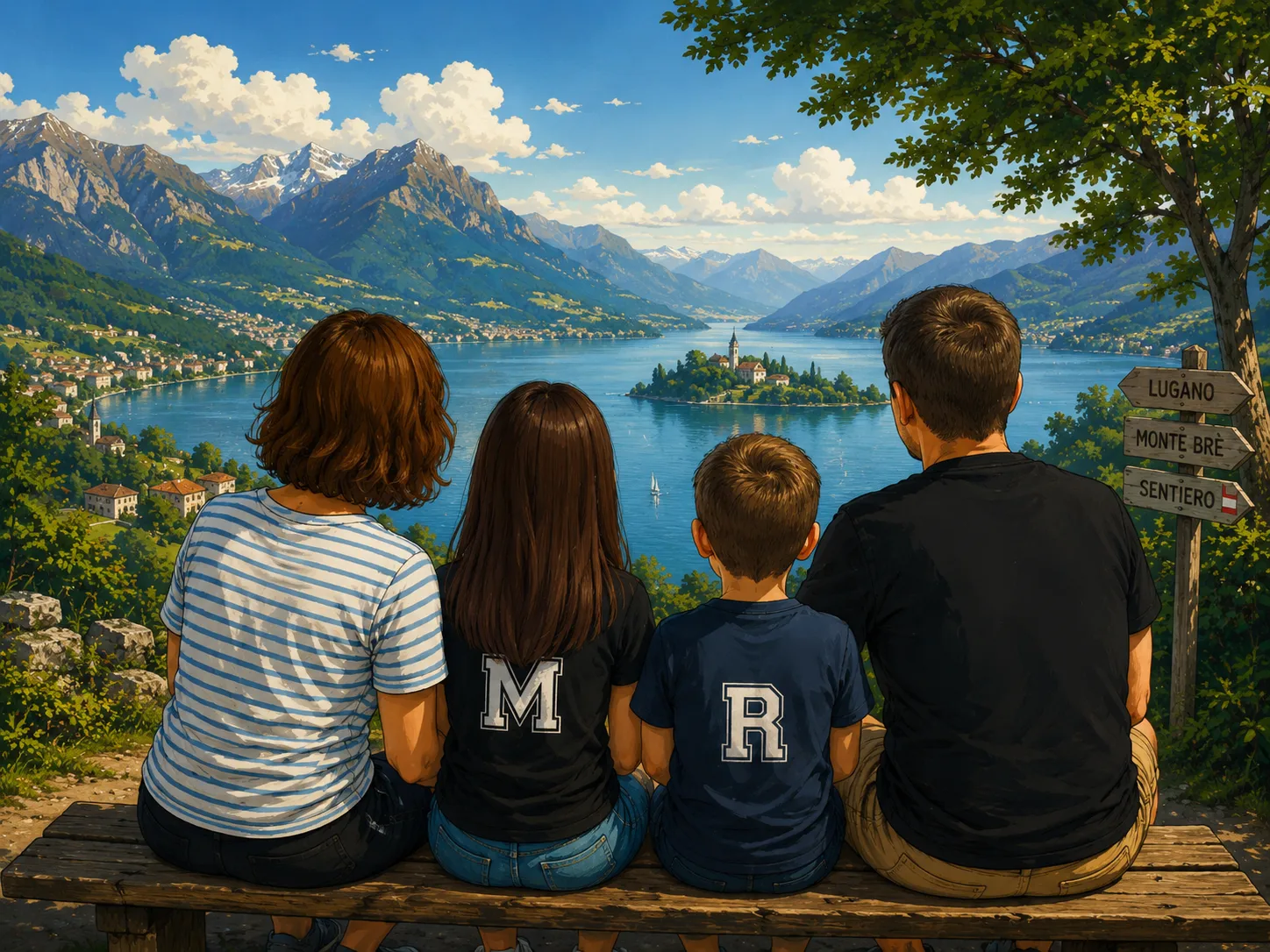 Family looking at the lake and mountains
